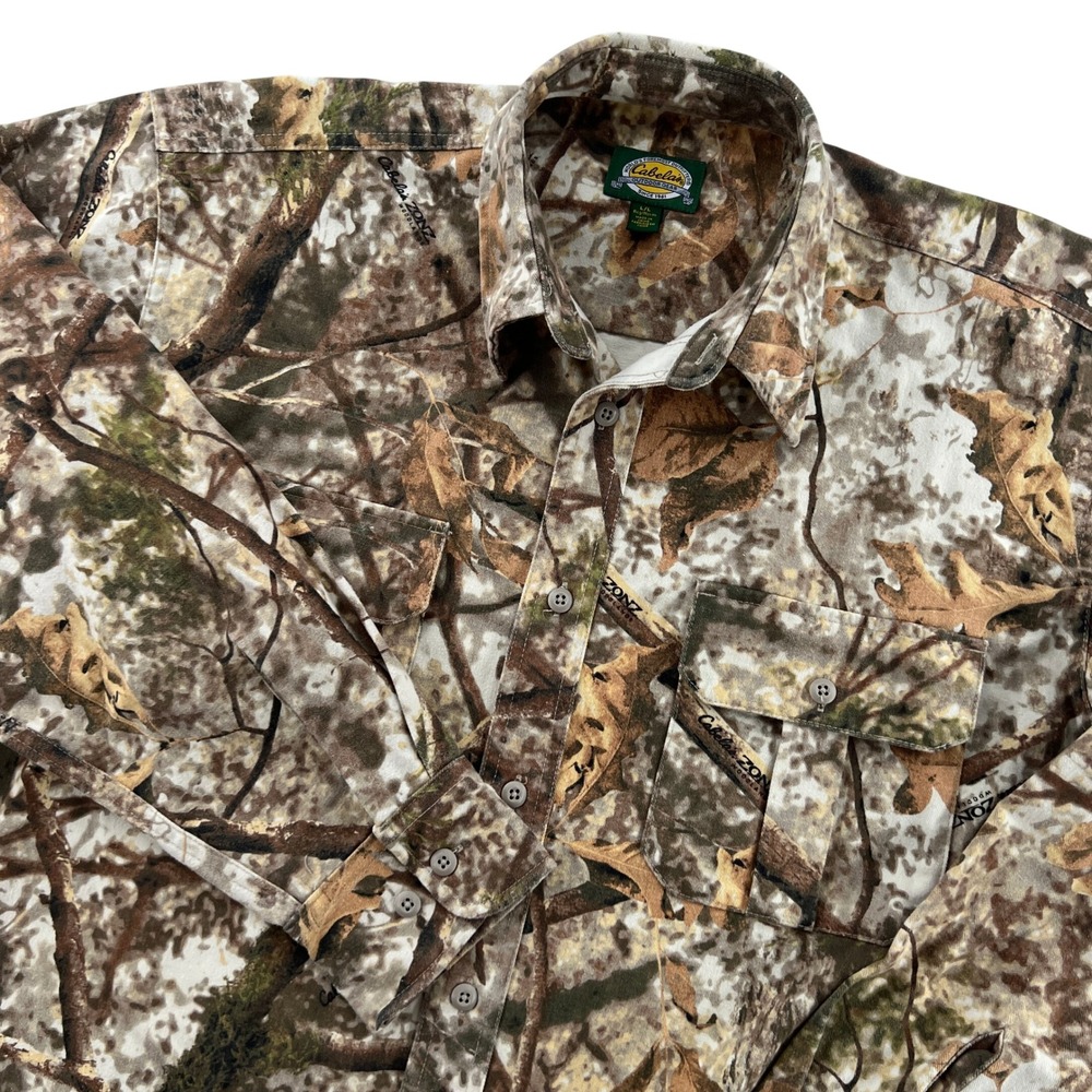 Cabelas Zonz Woodlands Camo Button Up Long Sleeve Hunting Shirt Mens Large Cabin